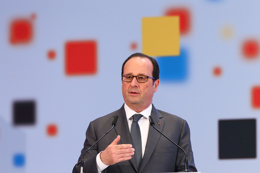 Der Französische Staatspräsident François Hollande bei seiner Rede auf der Deutsch-Französischen Digitalkonferenz.; Quelle: BMWi/Michael Reitz