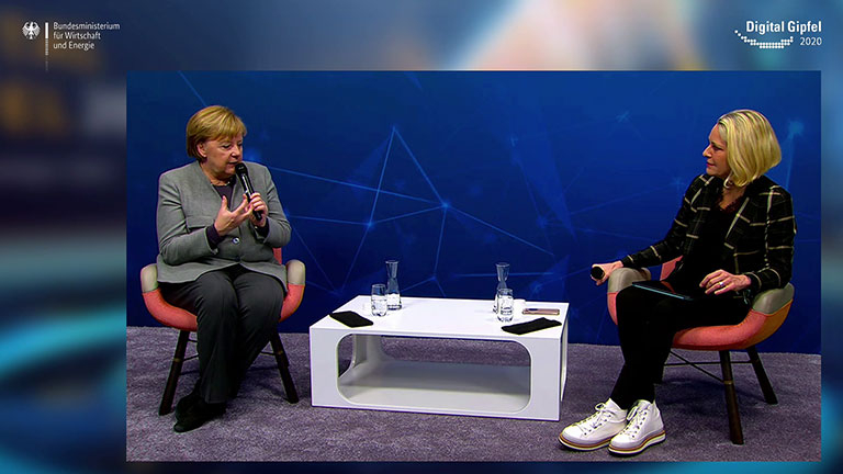 Screenshot aus dem Video Der Digital-Gipfel 2020: Gespräch der Bundeskanzlerin mit Miriam Meckel und Achim Berg