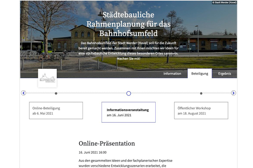 Automatische Zeitleiste mit den Meilensteinen der städtebaulichen Planung für das Bahnhofsumfeld in Werder (Havel)